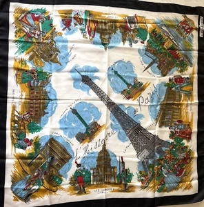 VTG J Mico Sancho Histoire de Paris Scarf Louvre Eiffel Notre Dame Italy 30" Sq - Picture 1 of 15