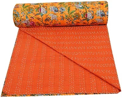 Indian Floral Print Kantha King Size Quilt Cotton Orange Bedspread Blanket Throw - Image 1 of 4
