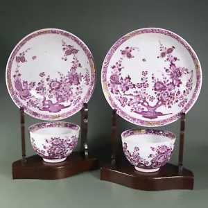 Pair 18th Century Meissen Cups And Saucers, Purple Decorated, Swords Mark. - Picture 1 of 22