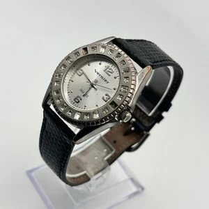 Vernier Silver Tone Crystal Dial Black Leather Women’s Quartz Watch - Picture 1 of 7