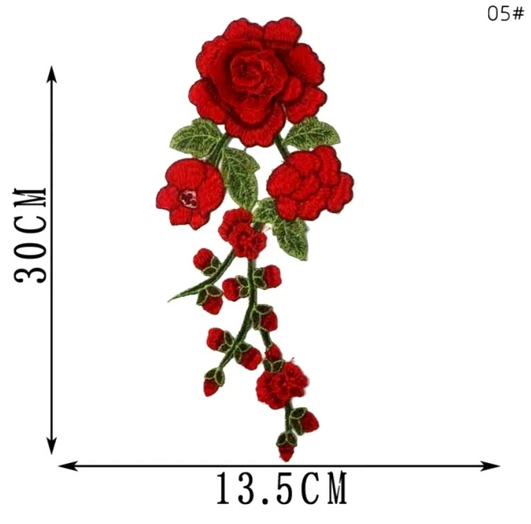 Large Red Green Embroidered 3D Applique Flower Patch Sew On DIY Leaf 12" - Image 1 of 1