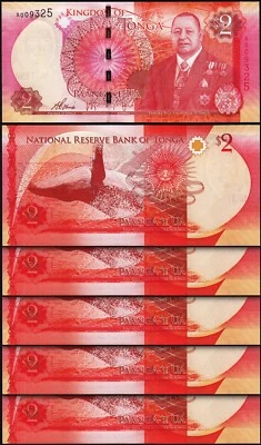Tonga 2 Pa'anga 2015, UNC, 5 Pcs LOT, Consecutive, P-44, Prefix. A 00**** - Image 1 of 4