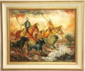 Ölgemälde Stiere Pferde Reiter Spanien sig. 52,5 x 62cm TOP! - Picture 1 of 13