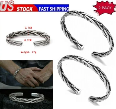 2x Brazalete Abierto Retro de Plata de Ley para Hombres Hecho a Mano Brazalete Retorcido Brazalete Abierto Regalo Foto 1 de 4