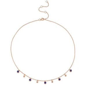 14K Rose Gold Lapis Lazuli Diamond Necklace Womens Dangle Bezel Beaded Collar - Picture 1 of 3