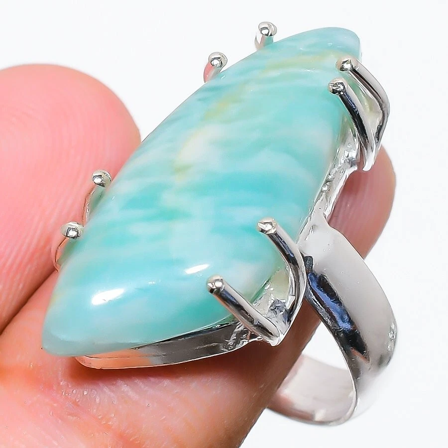 Anillo de joyería de plata de ley 925 con piedras preciosas de amazonita natural talla 8,5 (EE. UU.) Foto 1 de 1
