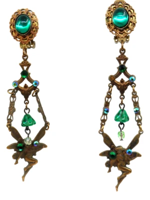 Серьги-клипсы в викторианском стиле фэнтези темно-зеленый кристалл длина 4 дюйма латунь - Изображение 1 из 4