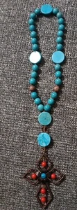 Teal Turquoise Beaded Rosary Metal Cross With Beads Rearview Mirror 10 Inch Long - Picture 1 of 7