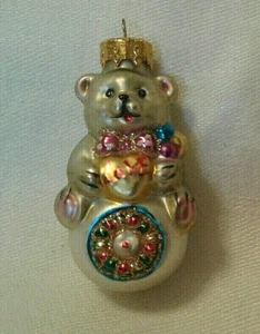 White Blown Glass Teddy Bear Christmas Ornament - Picture 1 of 6
