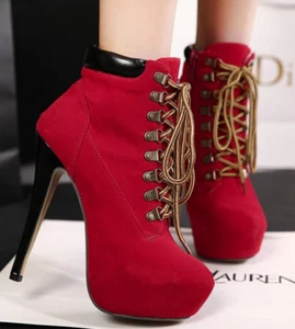 Women High Heel Lace Up Round Toes Platform Ankle Boots Shoes Stiletto Nightclub - Picture 1 of 25