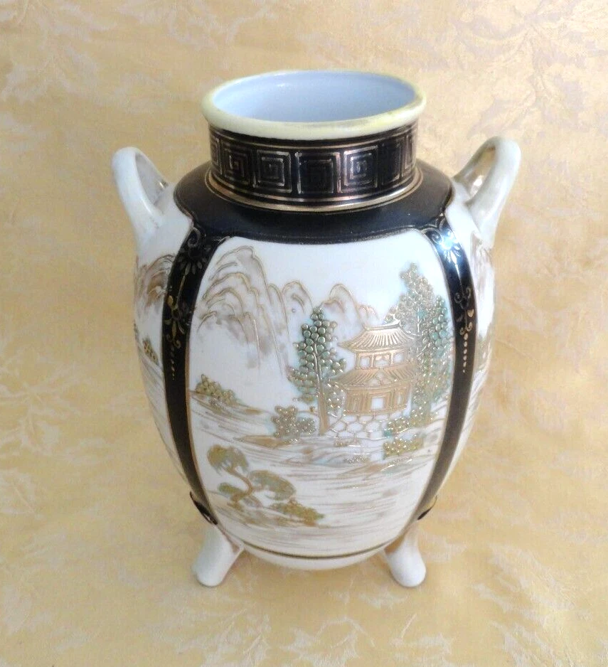 Antique Nippon Chikusa Moriage Hand Painted Footed Vase Pavilion Country Scene - Image 1 of 4