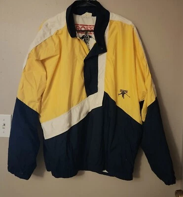 Jaqueta de esqui vintage Roffe feita nos EUA azul amarelo branco bloco de cor puxar médio - Imagem 1 de 4
