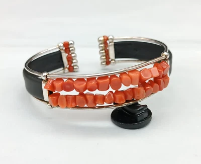 bracciale rigido donna vero corallo rosso di Sardegna argento bianco caucciù - Immagine 1 di 4