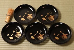 Japanese Lacquer Set of 5 Dessert Plate 6.1inch Gold Traditional Lucky Bag Makie - Picture 1 of 18