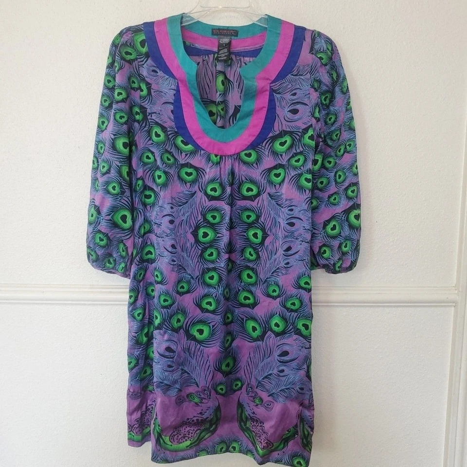 Vestido túnica Custo Barcelona diseño pavo real para mujer talla 1 púrpura verde seda Foto 1 de 4