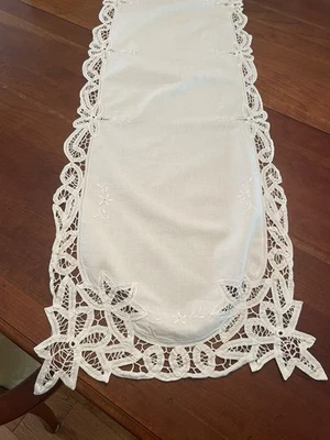 VTG Whitework Embroidery Linen Runner-Battenberg Lace-50”x14”-Large Eyelet Lace - Image 1 of 4