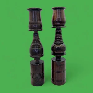 Pair of Vintage Hardwood Candle Holders – Hand-Turned Dark Wood MCM - Picture 1 of 9