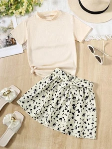 KRE PRIME Girls Children's Ribbed T-Shirt and Contrast Floral Skirt Set - Picture 1 of 8