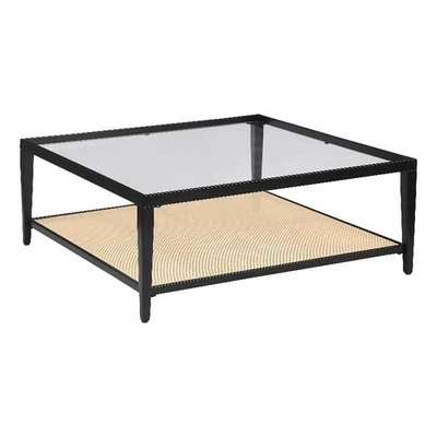 Mesa de centro Amherst con tapa de vidrio de metal con estante de caña negra Foto 1 de 4