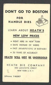 PC HEATH DIE CO 1952 CON FECHA DE NYC NO VAYAS A BOSTON TENEMOS PRECIOS MÁS BAJOS - Imagen 1 de 1
