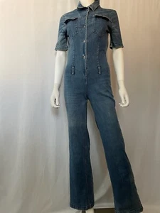KOXIS Women's Denim Jumpsuit Wide Leg One Piece Blue Short Sleeve Size L - Picture 1 of 9