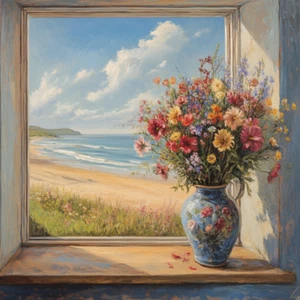 Flowers with a beach Oil Painting Luxury Canvas Wall Art Picture Print Colourful - Picture 1 of 1
