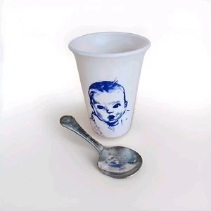 Vintage Gerber Baby Spoon & Plastic Cup Pink With Blue Graphics Advetising  - Picture 1 of 10