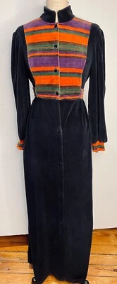 VTG 70'S DUTCHESS MOD BIBA STYLE BOHO BLACK VELOUR STRIPED LOUNGE MAXIDRESS*S - Image 1 of 4