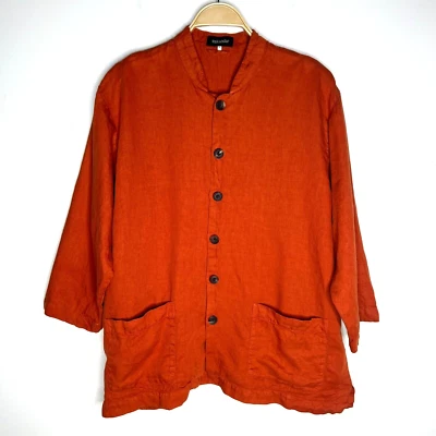 Eskandar Wide Mandarin Linen Jacket Rust Burnt Orange Button Front Size 0 - Image 1 of 4