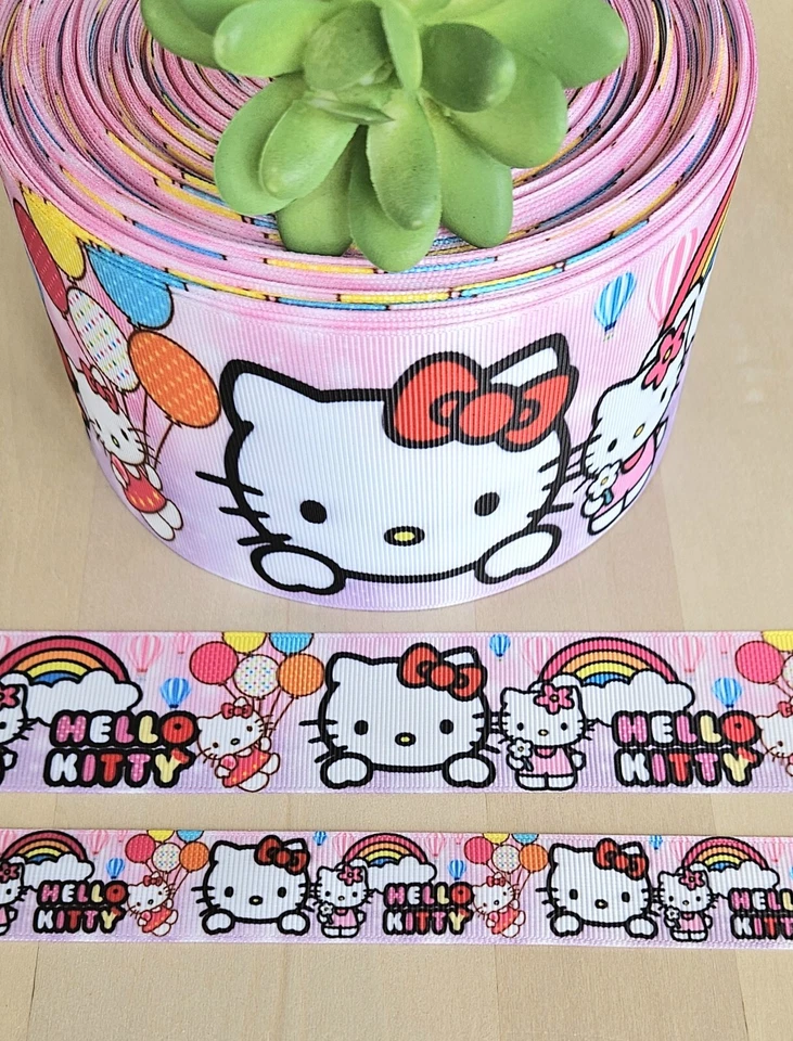 7/8, 1.5 & 3" (1 YD) Hello Kitty Grosgrain Ribbon Birthday Balloons Rainbows - Image 1 of 1