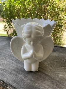 Teleflora cherub Angel glossy white planter ceramic praying hands Religious  - Picture 1 of 10