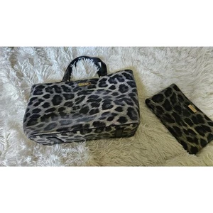 Kate Spade Black Leopard Vinyl Bag w/Matching Pouch Wallet Set Black Gray - Picture 1 of 10
