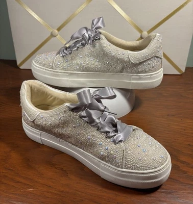 Betsy Johnson Women’s Beaded Tennis Shoes w/Gray Satin Laces Size 9.5 - Image 1 of 4