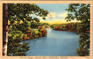 Postal de recuerdo vintage de St. Ignace MI-Michigan, saludos, vista panorámica al lago - Imagen 1 de 2