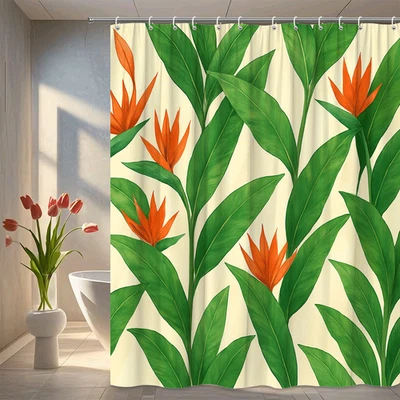 Cortina de Ducha Floral Tropical con Hojas Verdes y Flores Naranja Foto 1 de 4