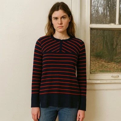 Suéter Tory Burch Rayas Lana Merino Mujer Grande Azul Marino Rojo Manga Larga Preppy Foto 1 de 4