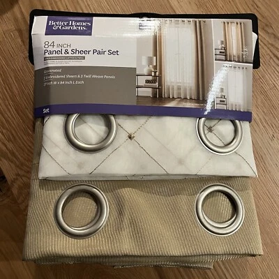 Better Homes & Gardens 84” Curtains Set Grommet Panel & Sheer Pair (Tan/Gold) - Image 1 of 4