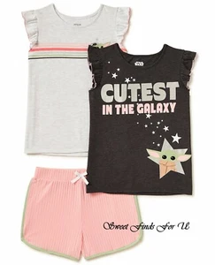 Baby Yoda Girls Hoodie T-Shirt and Shorts Set Star Wars The Mandalorian Top Pant - Picture 1 of 5