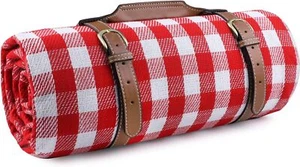 XL Waterproof Picnic Blanket with Carrier - Red White Plaid for Outdoor Use - Picture 1 of 7