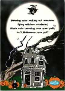 4x6 HALLOWEEN / Estante Tarjeta Publicidad Postal Casa Embrujada / Bruja en Escoba - Imagen 1 de 2