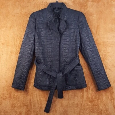 ELIE TAHARI Jacket Womens Size 0 Black Python Textured Belted Button Up Blazer - Image 1 of 4