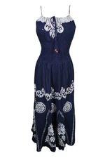 Blue Maxi Dress Scoop Neck Batik Embroidered Boho Sexy Sundress S/M