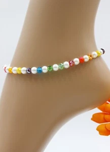 Cavigliera Acciaio Inox Argento Cavigliera Perle Arcobaleno Colorato #JA078 - Foto 1 di 3