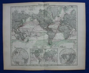 Original antique map WORLD MAP, OCEAN CURRENTS, TELEGRAPH LINES, Stieler, 1889 - Picture 1 of 7