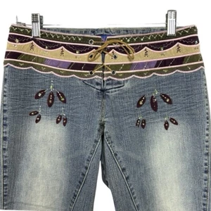 Vtg Y2K Jeans Lace Up Flare Patchwork Womens Sz 7 Embroidered Festival READ - Picture 1 of 15