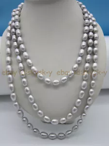 7-8mm Natural Silver Gray Freshwater Cultured Rice Pearl Necklace Long 36-100'' - Picture 1 of 15