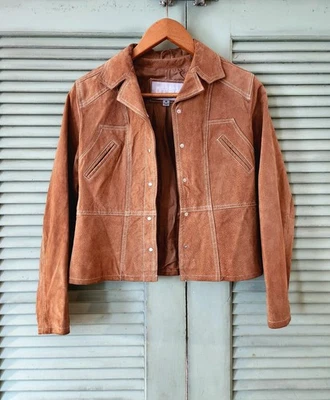 Chaqueta de cuero recortada Y2K vintage de los años 90: moto de gamuza marrón claro mediana para mujer Foto 1 de 4