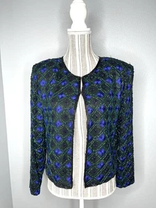 Lawrence Kazar Cardigan Beaded Sequin Vintage 80s Silk Womens Large Purple - Picture 1 of 5