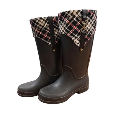 Botas de lluvia altas forradas a cuadros negras Crocs para mujer talla 9 impermeables Wellingtons Foto 1 de 4