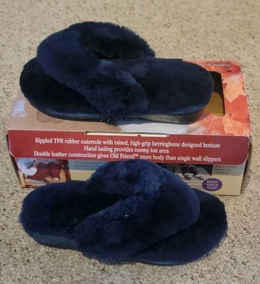 Old Friend Women Sz 5-6 Genuine  Sheepskin Thong Flip Flop Slider Slippers Navy - Image 1 of 4